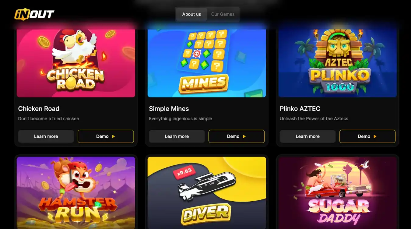 Seleção de jogos com títulos coloridos como Chicken Road e Diver